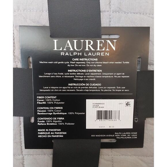 Ralph Lauren ASHER Grey Cotton Poly Fiberfill Quilted European Euro Pillow Sham - Picture 8 of 9